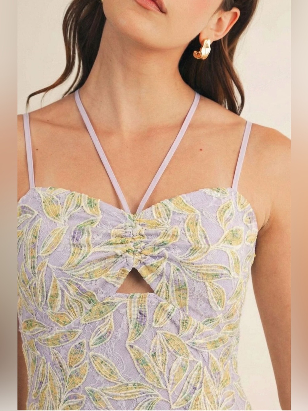 Lilac Leaf-Print Spaghetti Strap Midi Dress - Picture 2 of 5